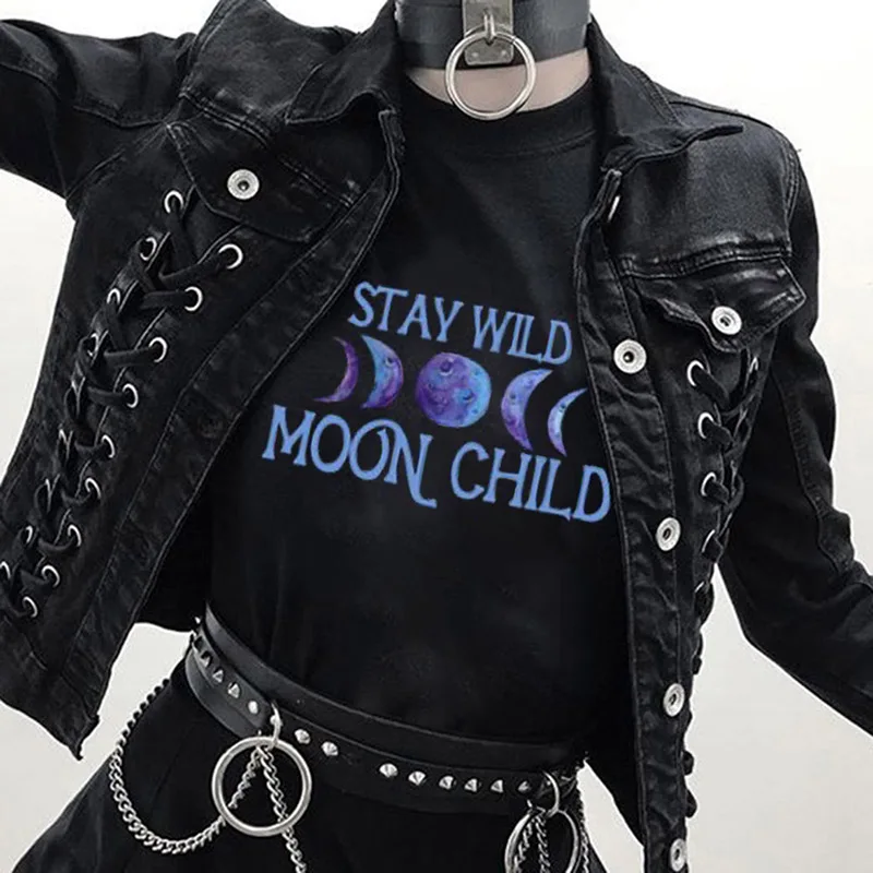 Gothic Women's Tshirt STAY WILD MOON CHILD Print T-shirts Female Short Sleeve Tees camiseta de las mujeres