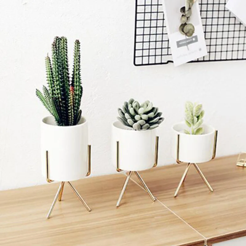 

Nodic Simple Style Metal Rack Ceramic Succulent Flowerpot Iron Crafts Hydroponic Planter Pot Desktop Ornaments Home Garden Decor
