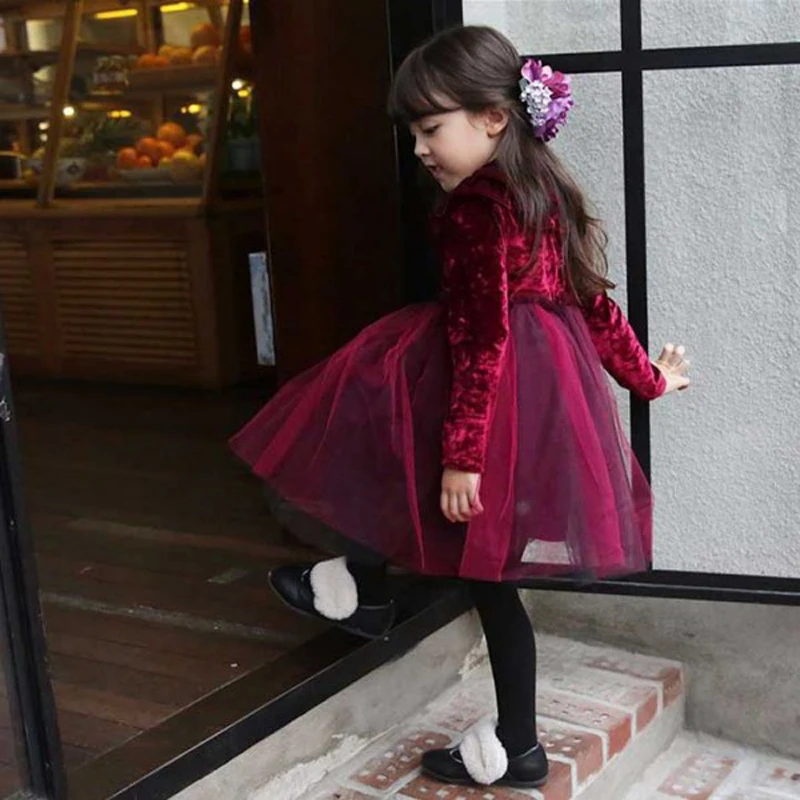 Детское платье для маленьких девочек вельветовое флисовое кружевное праздничное платье с длинными рукавами праздничное Пышное Платье-пачка из тюля