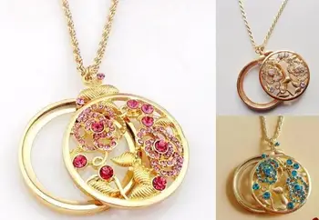 

ZY DIY Factory Direct Wholesale Vintage Brand Clear Ocean Blue & Rose Pink Crystal Flower Magnifying Glass Monocle Magnifier Nec