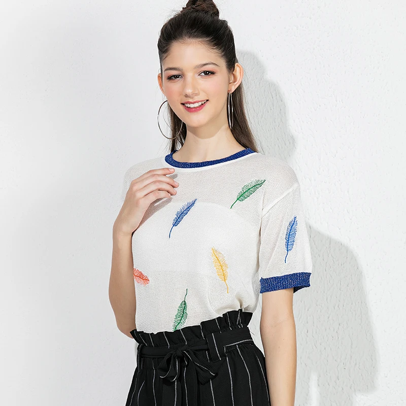 

New Harajuku T shirt Women Ice Silk Summer Fitness Lady top Vintage Embroidery Feather Streetwear Short Sleeve Korean Style Top