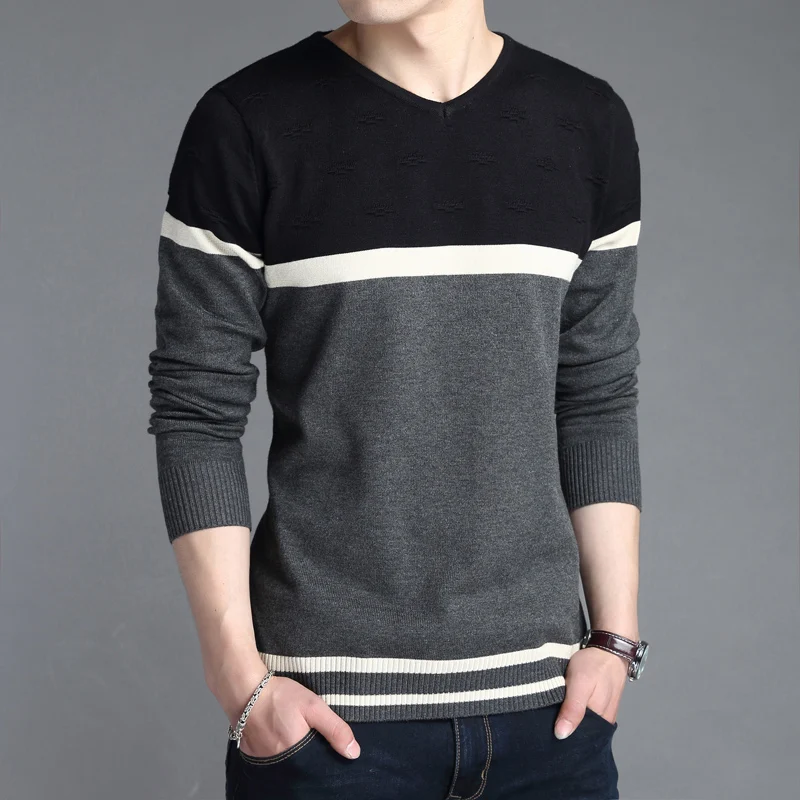 

2017 New Men's Classic Knitted Slim Fit Thermal Stripe V-Neck Sweater