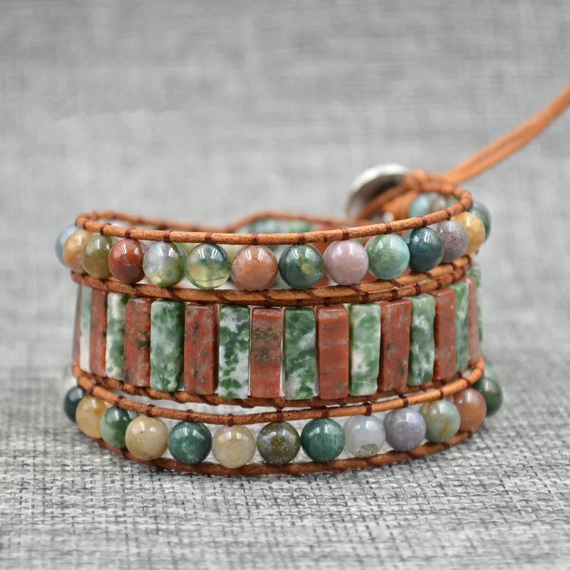 

New Women Handmade Bracelets Tube Shape Natural Stones Leather Wrap Bracelet Three Layer Beaded Indian Stone Cuff Bracelet