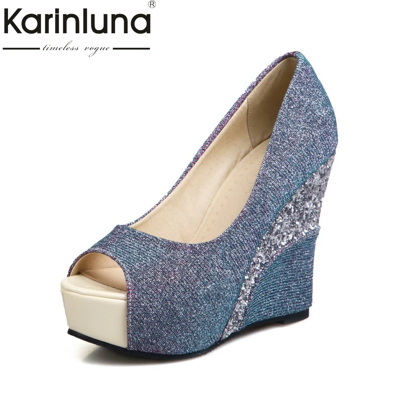 KARINLUNA brand shoes women size 33-43 peep toe pumps women shoes sexy bling upper wedge high heels wedding shoes woman KARINLUNA brand shoes women size 33-43 peep toe pumps women shoes sexy bling upper wedge high heels wedding shoes woman