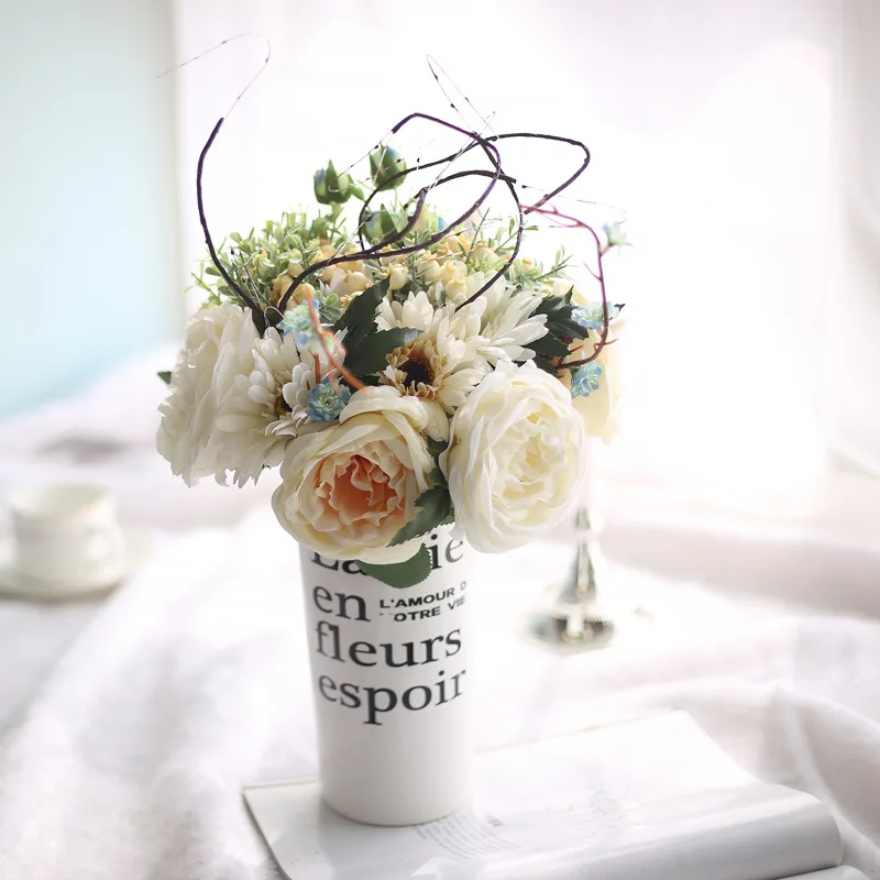 Us 359 10 Offrose Chou Lang Bouquet Roses Artificial Weeding Flowers Vivid Fake Leaf Bridal Orange Yellow Home Bedroom Garden Decoration In