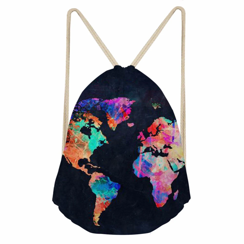 ThiKin Men Women 3D World Map Print Casual Drawstring Bag Male Gym Sack Travel Backpack Softback