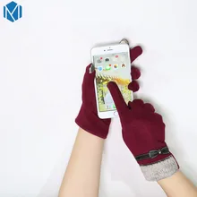 Женские теплые зимние вязаные модные кашемировые перчатки на полный палец, варежки, женские толстые однотонные перчатки с бантом, ручная работа