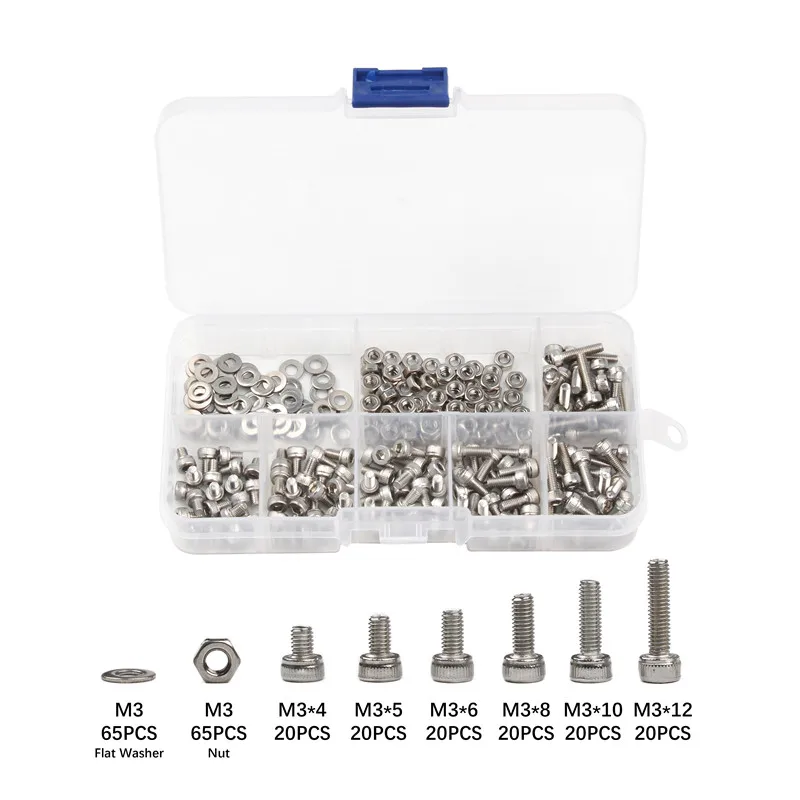

250Pcs/set M3*4/5/6/8/10/12 Stainless Steel Hexagon Socket Head Cap Screws Bicycle Hex Bolts Washer Nut Assortment Kit
