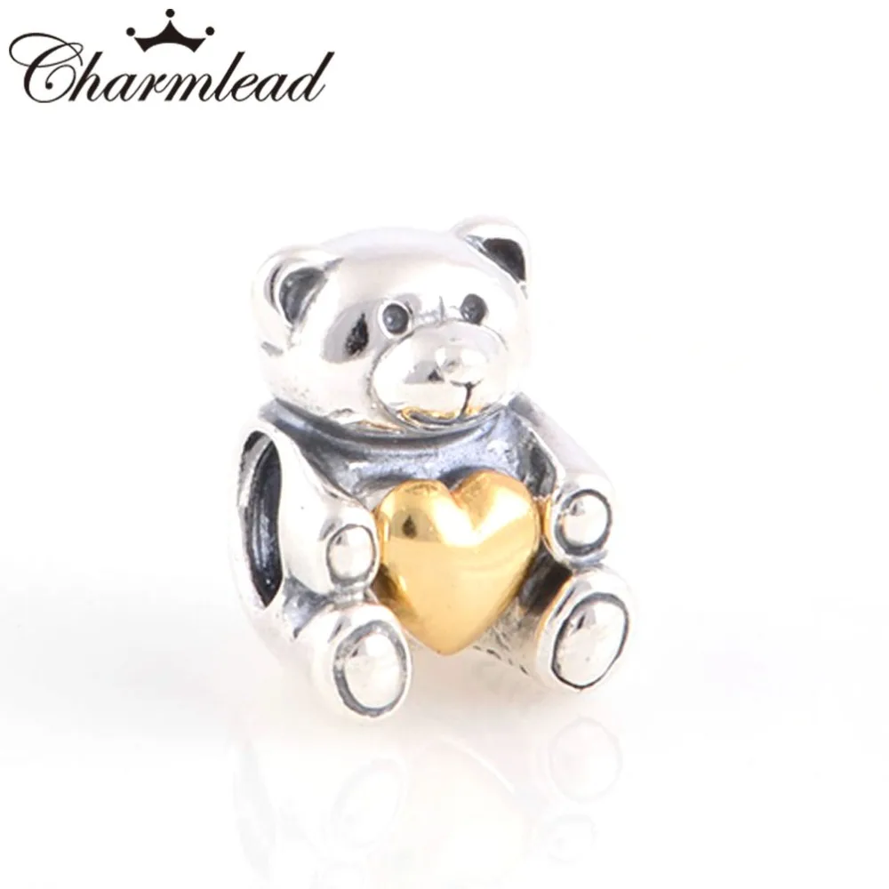 

Fits Pandora Charms Bracelet 925 Sterling Silver Golden Heart Teddy Bear Charm Beads DIY Fashion Lady Bracelet Charm Jewelry