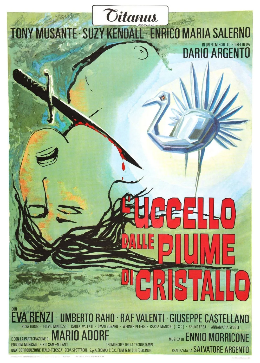 Птица с хрустальным плюмажем плакат из фильма 1970 Dario серебристо Шелковый