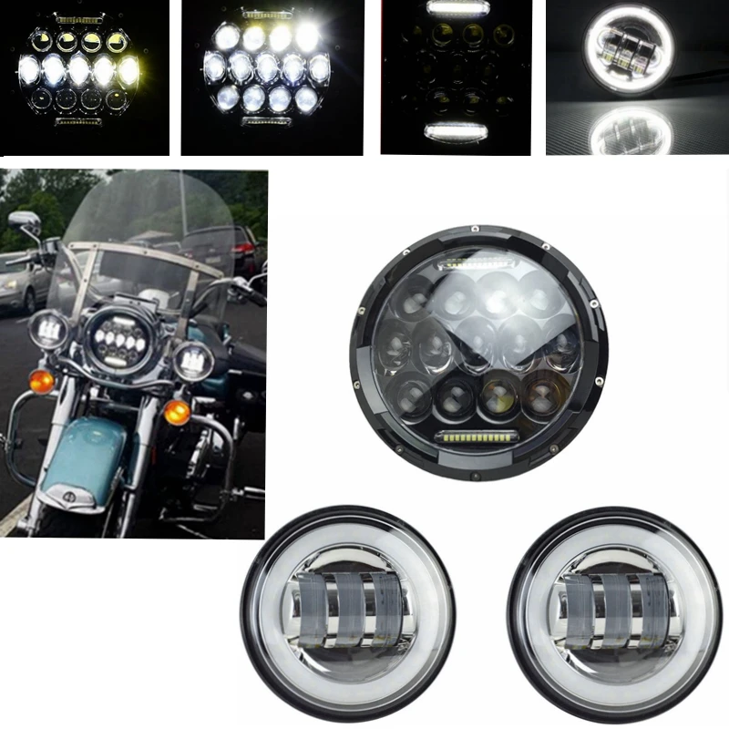 

7'' Round 75w LED Headlight with Matching 4.5'' White Angle Eye LED Fog Lamps for Harley Davidson Motorcycles