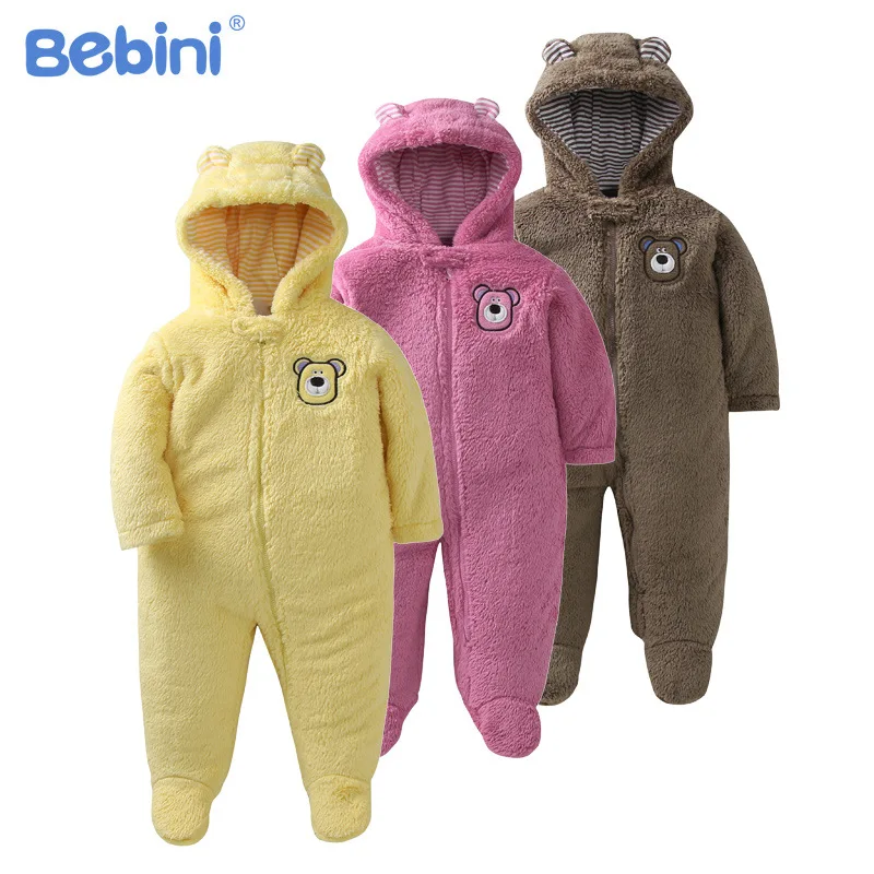 Bebini brand winter thick Baby hooded Romper newborn baby zipper romper