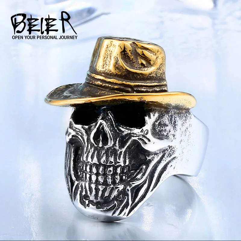 BEIER New Store 316L Hot Sell 316LStainless Steel Winged Plated Gold Hat Skull Biker Cool Punk Ring Jewelry BR8 417|ring jewelry|punk ringpunk