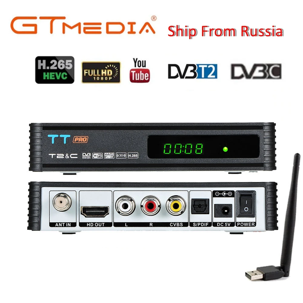

GTmedia TT Pro USB 2.0 DVB T2 TV Tuner Wifi DVB-T2 Receiver Full-HD 1080P Digital Smart TV Box Support MPEG H.265 with Antenna