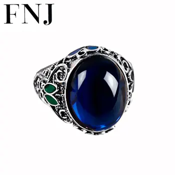 

FNJ 925 Sterling Silver Round Ring Synthetic Blue Corundum S925 Thai Silver Wedding Rings for Women