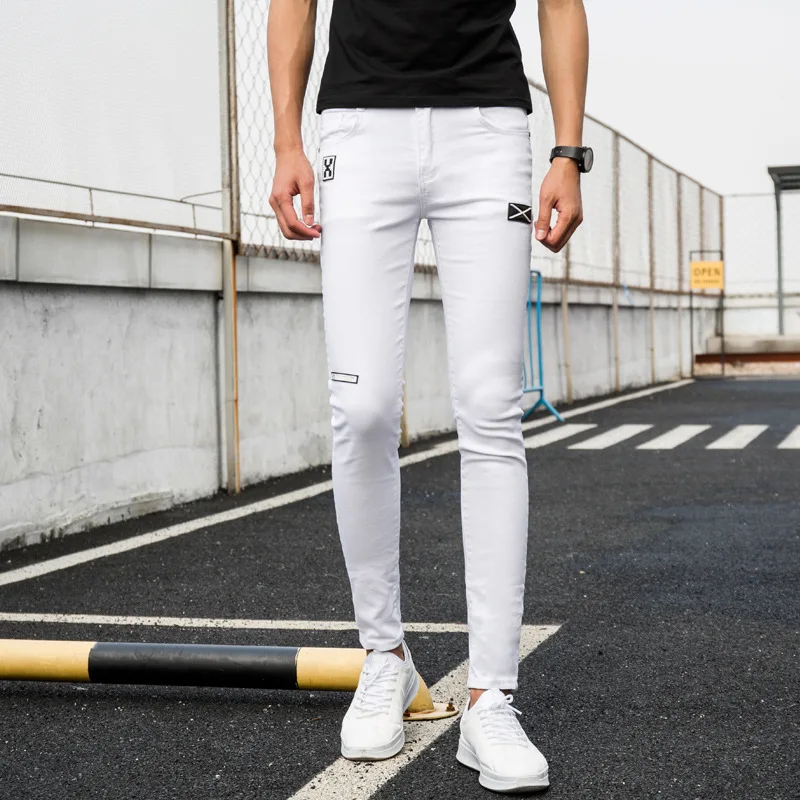 Jeans Men Elastic Tight Casual White Male Jeans 28 34 100 Cotton Slim Fashion Pencil Men Jeans