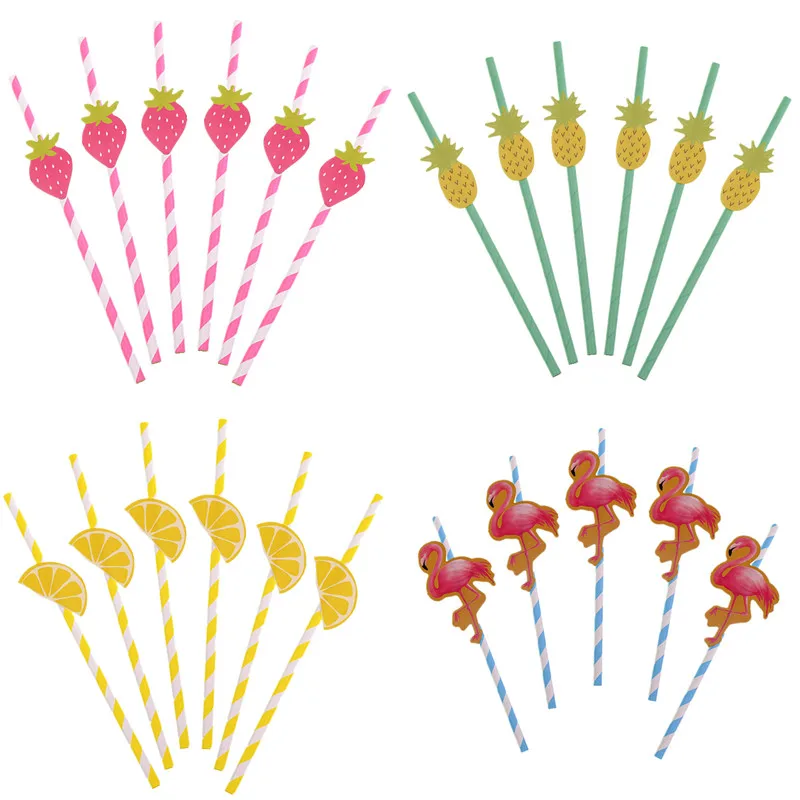 20pcs 3D Flamingo Drinking Paper Straws Strawberry Pineapple Straws Wedding Hawaiian Birthday Luau Baby Shower Drinking Straws