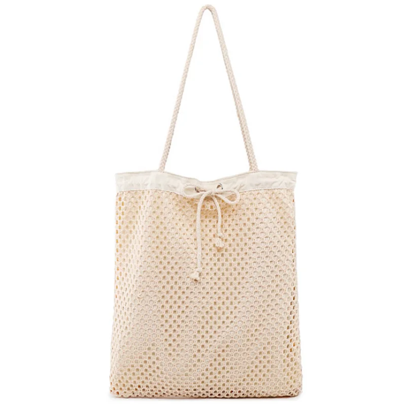 

Woven Bag Women'S Shoulder Bag Drawstring Buckle Canvas Bag Canvas Hollow Drawstring Bag