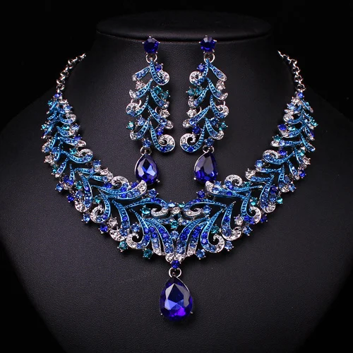 اطقم المعلم كرسكنديور  زمرد Fashion-Indian-Blue-Rhinestone-Indian-Wedding-Bridal-Accessories-Party-Jewelry-Set-For-Brides-Necklace-Earring-Set