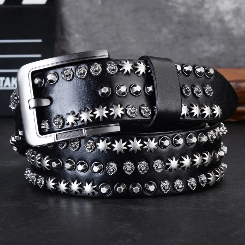 

High quality denim motorcycle jeans heavy metal rivet belt men's leather men's belt punk rock male belt men