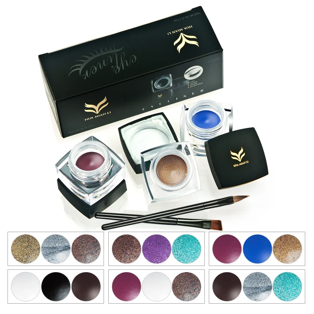 3pcs HUAMIANLI Beauty Sets Waterproof Pigments Color Eyeliner Gel with Brush Sets Shimmer Matte
