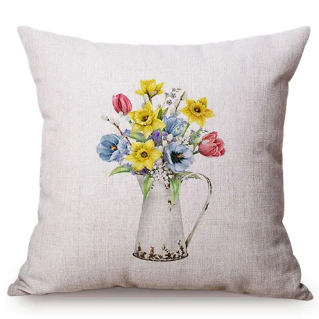 Colorful Nordic Floral Vase Glass Jar Home Sofa Small Fresh Decorative Cushion Cover Chic Purple Flower Cotton Linen Pillow Case M109-4
