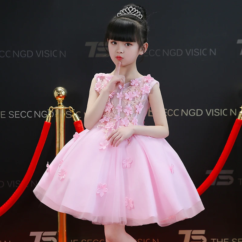 

2-10Y Flower Girl Dress Knee-Length Princess Dress Children Pink Ball Gown Appliques Wedding Dress Birthday Party Gown AA288