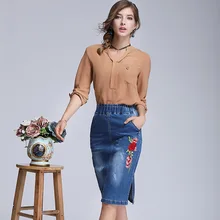 Модная повседневная юбка с цветочной вышивкой Feminino джинсовые юбки для женщин плюс размер синие джинсы Mujer Saias Ретро эластичные