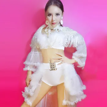 

Female Singer Costume Sexy Hairy Furry Dance Clothes Praise Dance Ephods Girls Jazz Dance Costume Pearls Mesh Ds Stage Costume