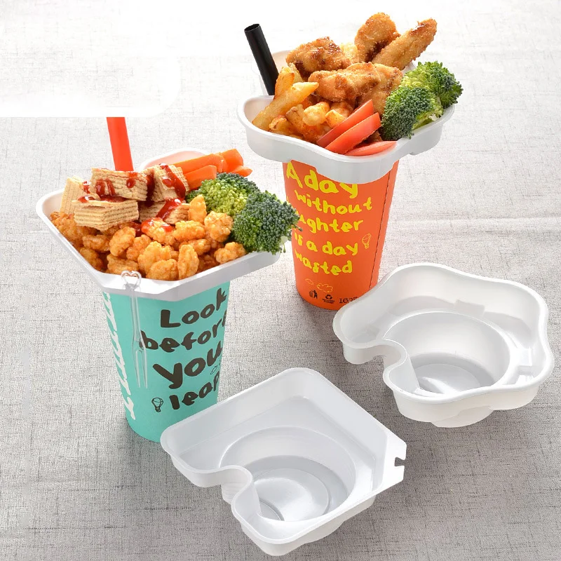 

Disposable Flower Shape Snack Bowl Holder On Cup Creative Steak Bowl Cola Cup Holder Fried Food Tray Popular Take-out Tools 50pc