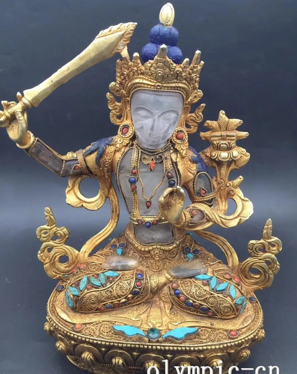 

8'' Tibet Nepal filigree crystal inlay gold Gem Turquoise hold sword Manjusri