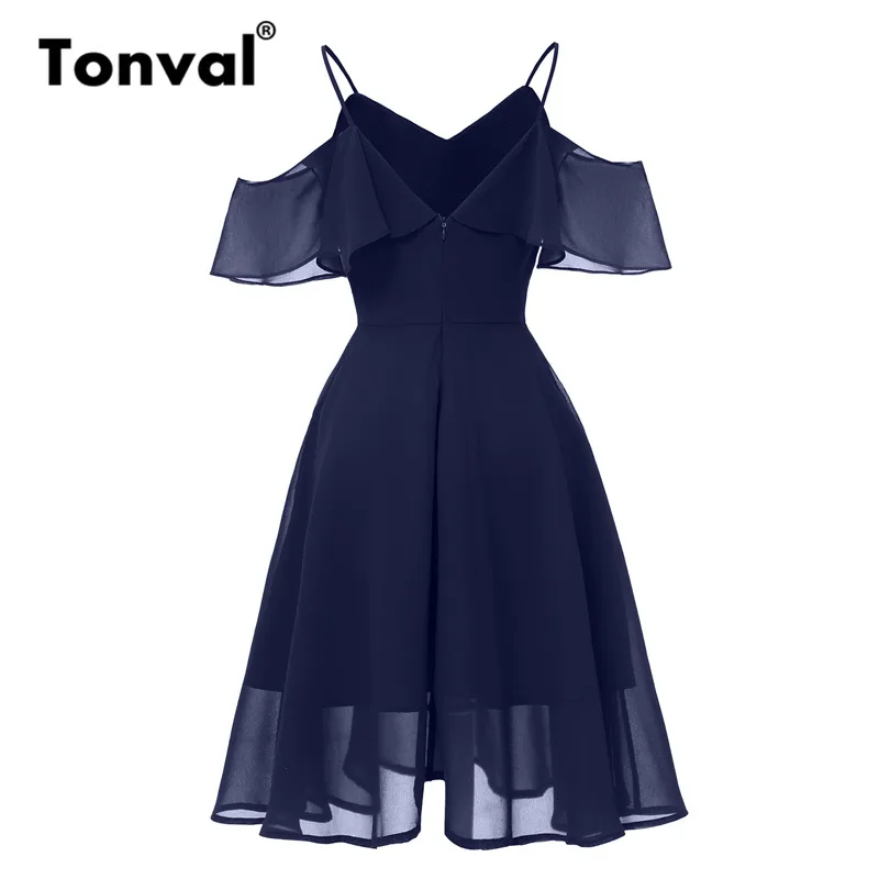 Tonval, винтажное шифоновое платье с рюшами на бретельках, сексуальное летнее платье с v-образным вырезом, женские красные вечерние платья с открытой спиной