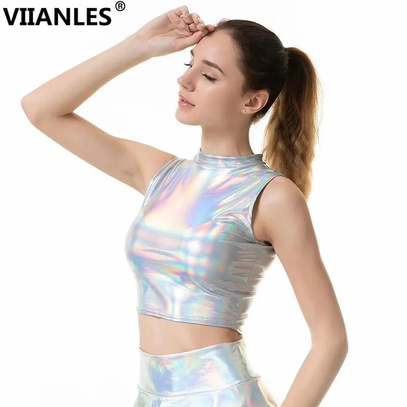 

VIIANLES Sexy Crop Top Women Fitness Camis Clubwear Crop Tops Turtleneck Summer Sleeveless Party Dance Tank Tops Workout Camis