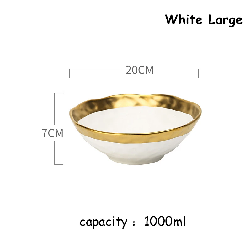Керамическая белая тарелка для стейка с золотым краем, поднос для завтрака, ретро миска для десерта блюда из пасты, Западный контейнер для еды, миска для раменов, 1 шт - Цвет: White large bowl