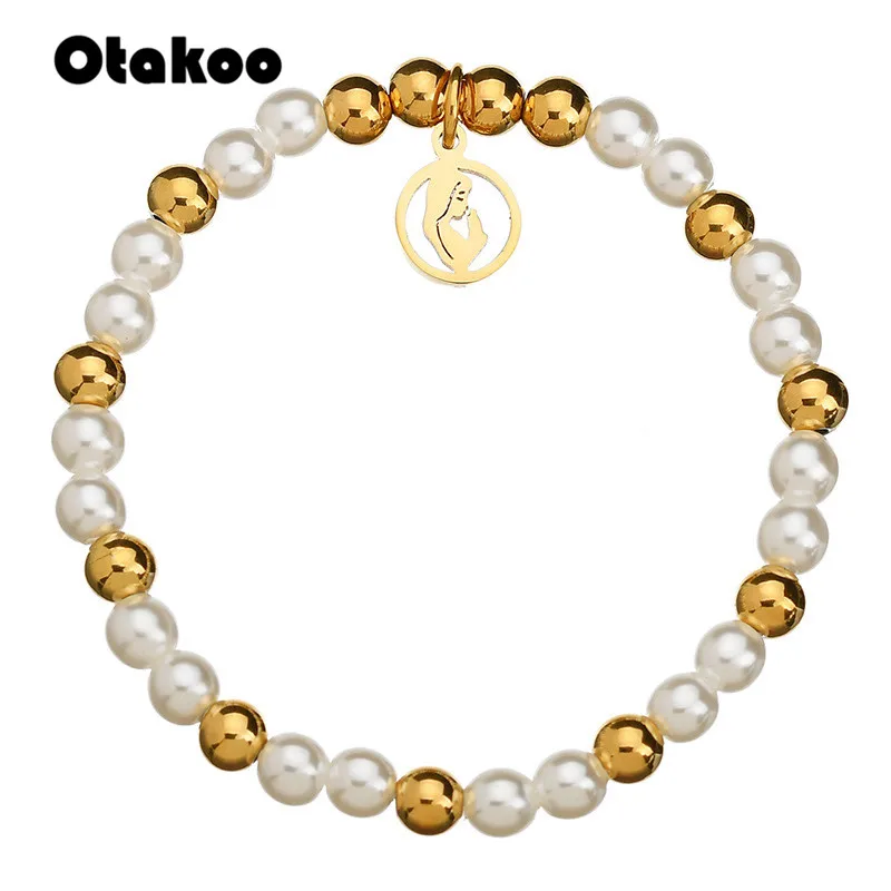 

Otakoo Religious Gold Color Beads Virgin Mary Bracelet Stainless Steel Charm Catholic Bracelets for Women Jewelry Gift f