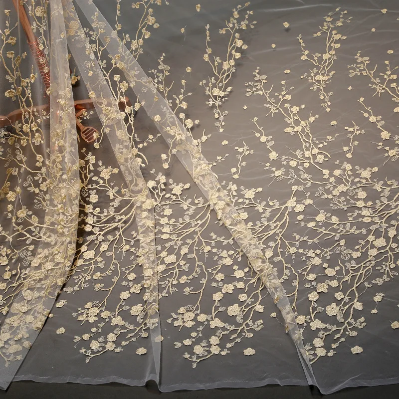 

2019 gold embroidered Floral Tulle Mesh Quality Lace fabric for Dress