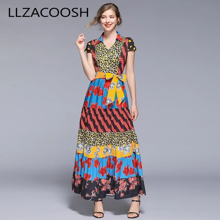 Newest 2019 Summer Long Maxi Dress Women's Belt Bow Short Sleeves V Neck Leopard Floral Print Bohemia Casual Runway Dresses | Женская