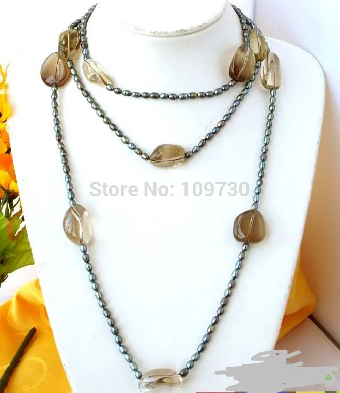

Jewelr 003649 60" RICE BLACK FRESHWATER PEARL cairngorm CRYSTAL NECKLACE