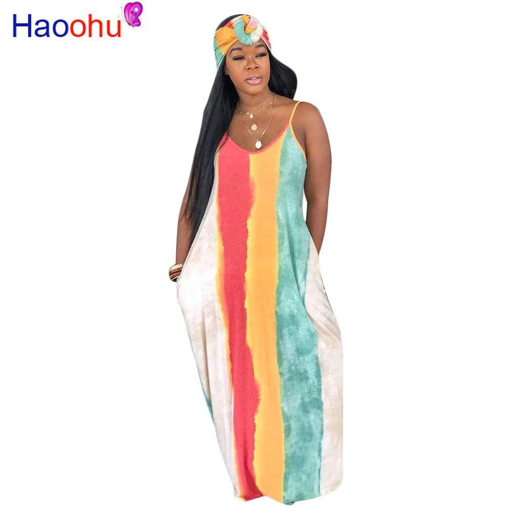 

Rainbow Tie Dye Summer Bohemian Dress Women Spaghetti Strap Backless Maxi Dress Casual Deep V Neck Sleeveless Loose Beach Dress