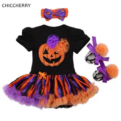 Оранжевые Детские костюмы на Хэллоуин с тыквой для девочек, комплекты одежды для новорожденных, кружевной комбинезон с Петти, обувь для