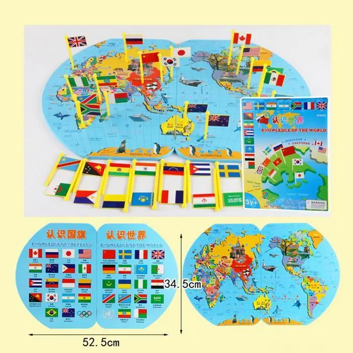 Kids World Map Country Flag Wooden Game Toys Mapt Square Children Educational Toy Above 5 Years Gift Home