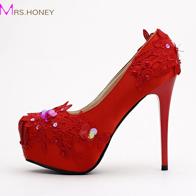 

New Super High Heel Platform Red Satin Elegant Bridal Shoes Stiletto Heel Wedding Shoes Sequins Lace Spring Party Prom Pumps