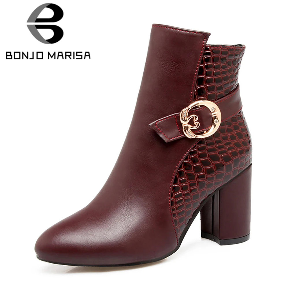 

BONJOMARISA women's Western Fretwork Ankle Booties Women Autumn Winter 2019 New Large Size 33-43 High Heels 8 Cm Shoes Woman
