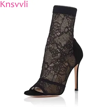 

Knsvvli Sexy Black Lace Up Mesh Ankle Boots Women High Heels Peep Toe Summer Stretch Boots Runway Stiletto Sock Shoes Woman