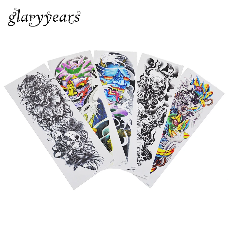 61 5 Pièces Faux Grand Bras Complet Temporaire Tatouage Autocollant Bouddha Diable Lotus Fleur Conception Mâle Manches Corps Art Tatouage