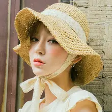 Японская литературная летняя соломенная Рыбацкая шляпа для девочек, вязаная крючком длинная Цветочная кружевная лента с широкими полями, складная Солнцезащитная пляжная шапка