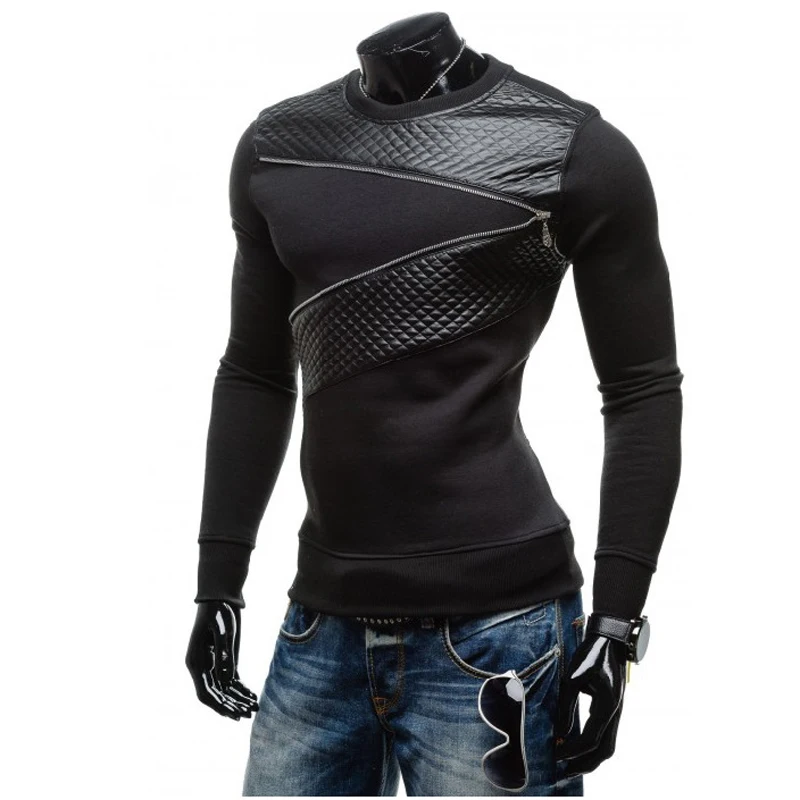 DIMUSI Leather Patchwork Hoodies Men Zipper Decoration Long Sleeve Sweatshirt Tops Men's Leisure Ho