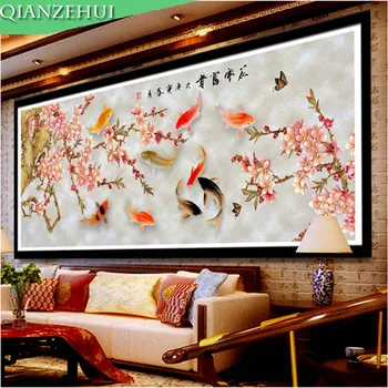 

QIANZEHUI,Diamond Embroidery,Round Diamond Nine fish landscape Full rhinestone 5D Diamond painting cross stitch,needlework