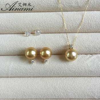 

[Ainami] 10-11mm Southsea pearl Pendant & Earrings 18k yellow gold Cultured Pearl Sets, Jewelry Sets Free shipping