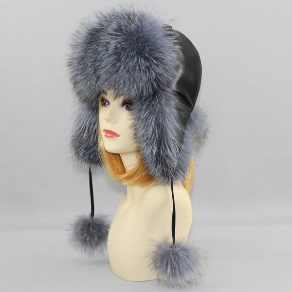 Hot Sell Genuine Fox Fur Hats Genuine Raccoon Fox Fur Russian Ushanka Cap Winter Quality Thick Warm Fox Fur Bomber Hat - Color: Color 1